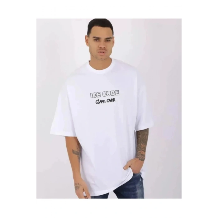 Unisex Bisiklet Yaka Baskılı Oversize T-Shirt - Beyaz