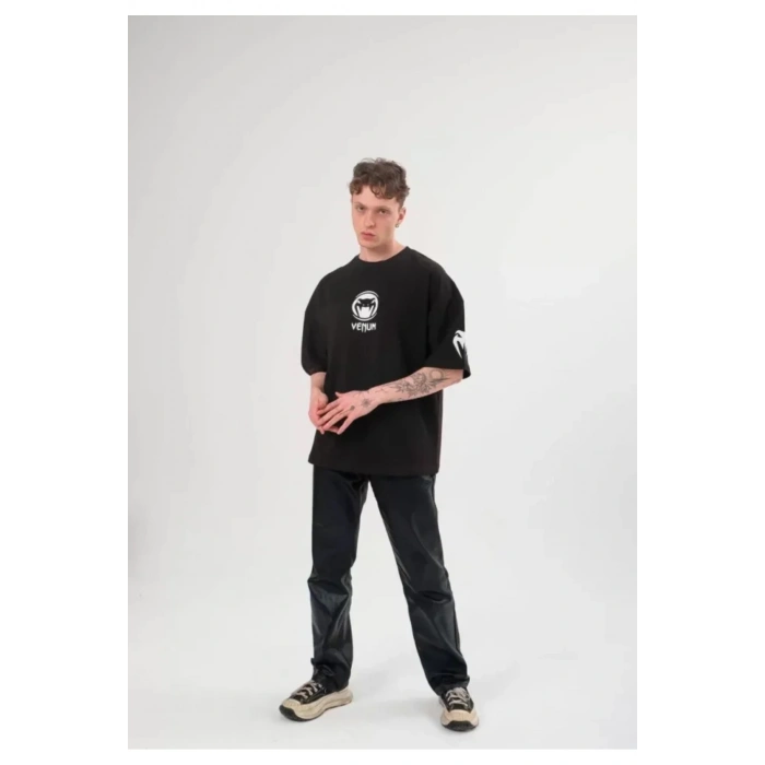Unisex Bisiklet Yaka Baskılı Oversize T-Shirt - Siyah