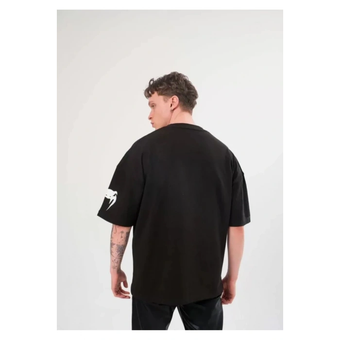 Unisex Bisiklet Yaka Baskılı Oversize T-Shirt - Siyah