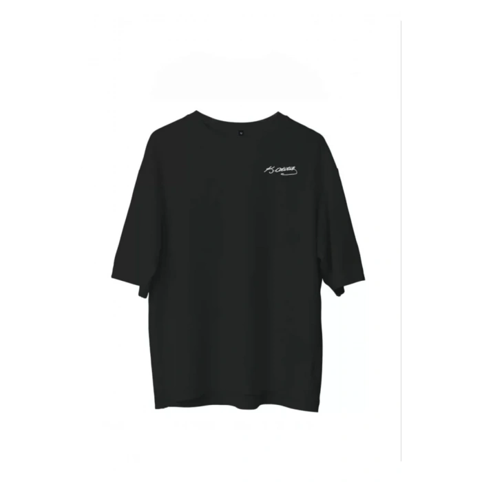 Unisex Bisiklet Yaka Baskılı Oversize T-Shirt - Siyah