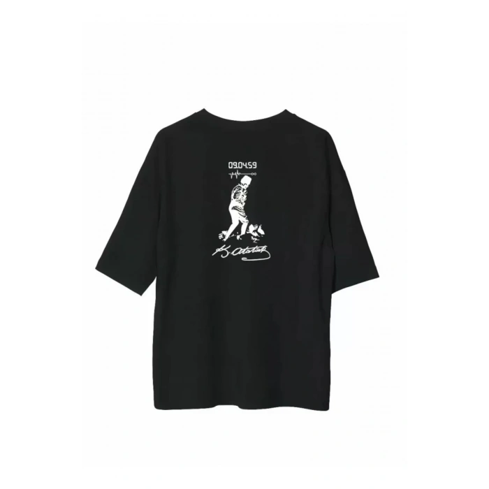 Unisex Bisiklet Yaka Baskılı Oversize T-Shirt - Siyah