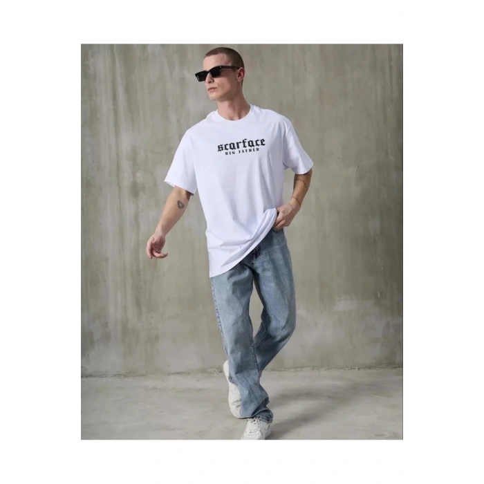 Unisex Bisiklet Yaka Baskılı Oversize T-Shirt - Beyaz