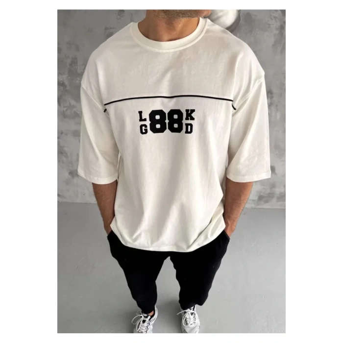 Unisex Bisiklet Yaka Baskılı Oversize T-Shirt - Beyaz