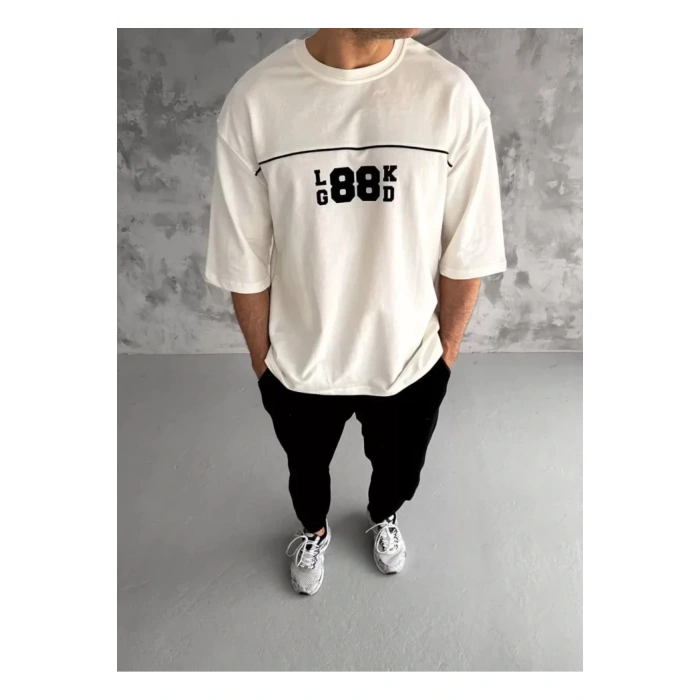 Unisex Bisiklet Yaka Baskılı Oversize T-Shirt - Beyaz