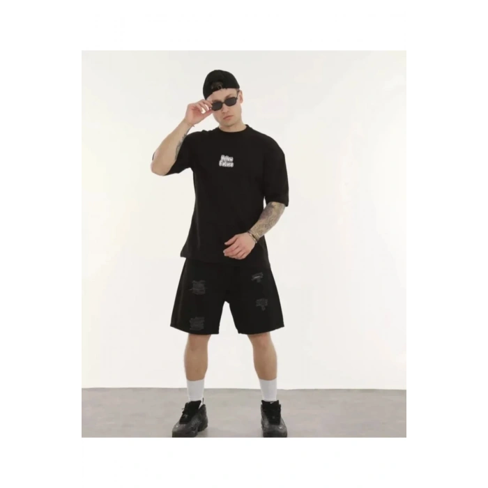 Unisex Bisiklet Yaka Baskılı Oversize T-Shirt - Siyah