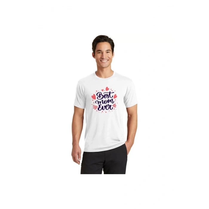 Unisex Bisiklet Yaka Baskılı Oversize T-Shirt - Beyaz