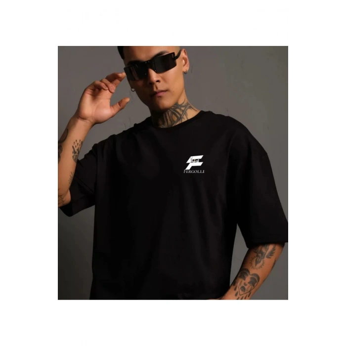 Unisex Bisiklet Yaka Baskılı Oversize T-Shirt - Siyah