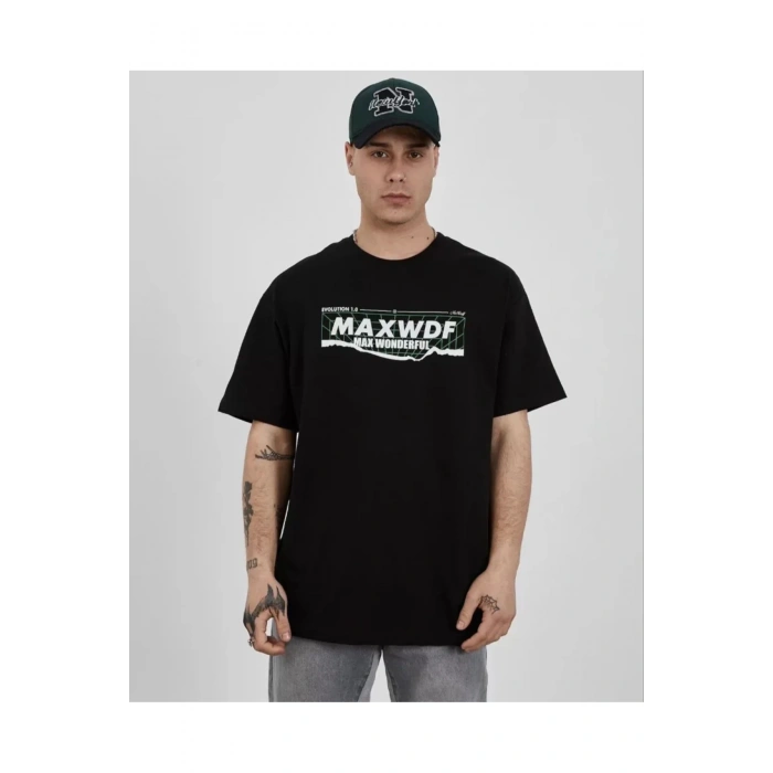 Unisex Bisiklet Yaka Baskılı Oversize T-Shirt - Siyah