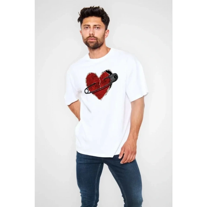 Unisex Bisiklet Yaka Baskılı Oversize T-Shirt - Beyaz