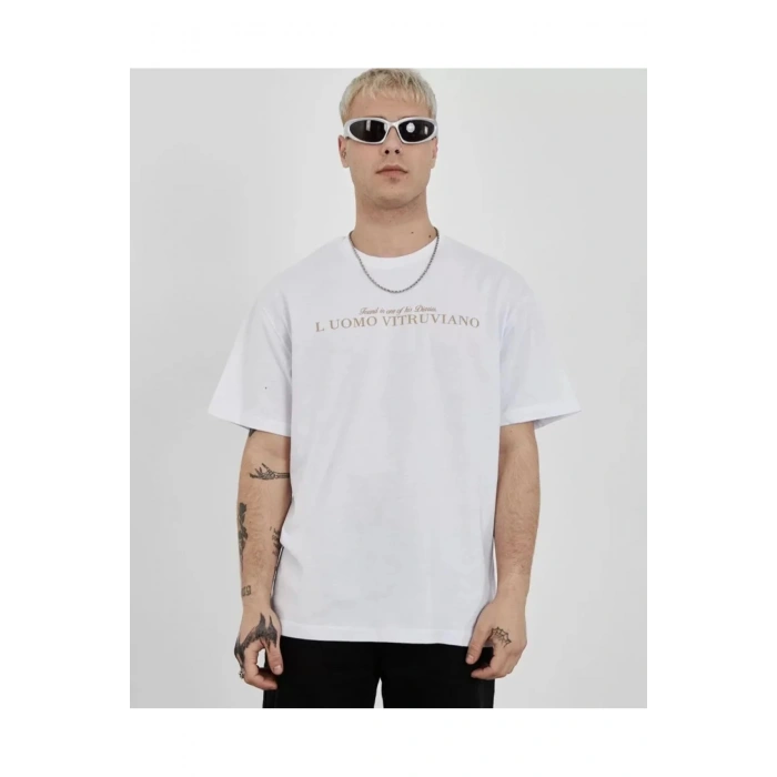 Unisex Bisiklet Yaka Baskılı Oversize T-Shirt - Beyaz