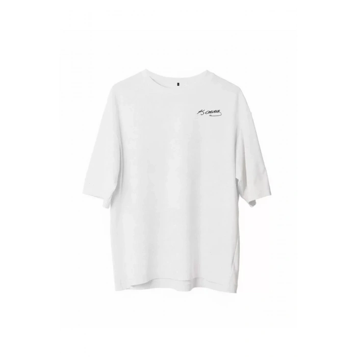 Unisex Bisiklet Yaka Baskılı Oversize T-Shirt - Beyaz