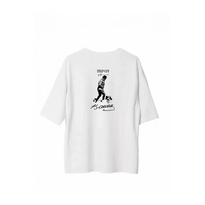 Unisex Bisiklet Yaka Baskılı Oversize T-Shirt - Beyaz