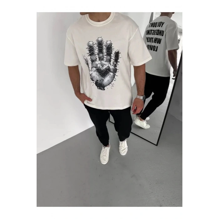 Unisex Bisiklet Yaka Baskılı Oversize T-Shirt - Beyaz