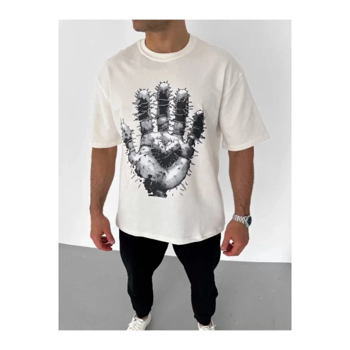 Unisex Bisiklet Yaka Baskılı Oversize T-Shirt - Beyaz