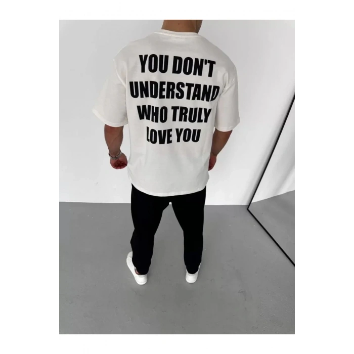 Unisex Bisiklet Yaka Baskılı Oversize T-Shirt - Beyaz