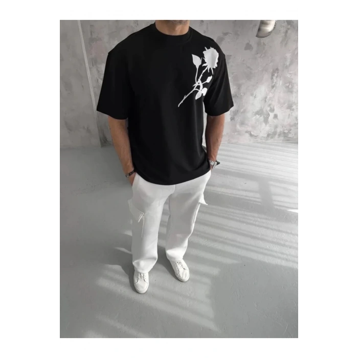 Unisex Bisiklet Yaka Baskılı Oversize T-Shirt - Siyah