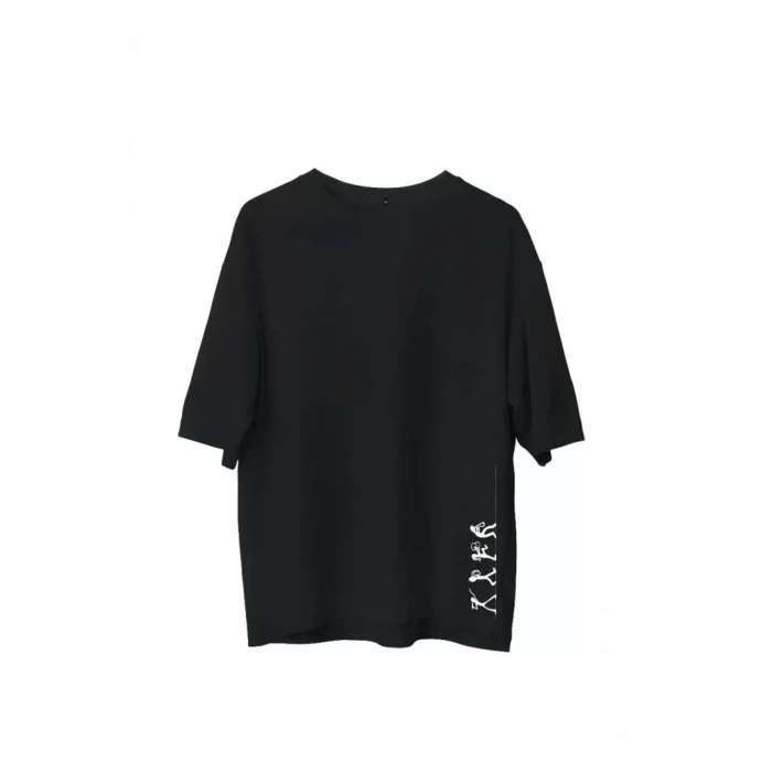 Unisex Bisiklet Yaka Baskılı Oversize T-Shirt - Siyah