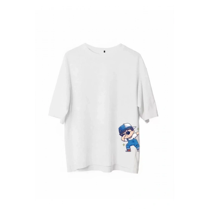 Unisex Bisiklet Yaka Baskılı Oversize T-Shirt - Beyaz