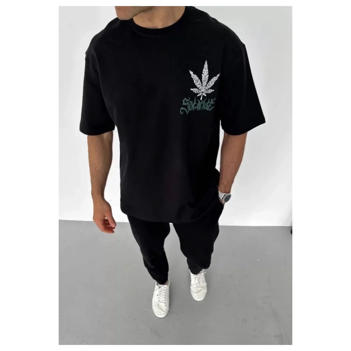 Unisex Bisiklet Yaka Baskılı Oversize T-Shirt - Siyah