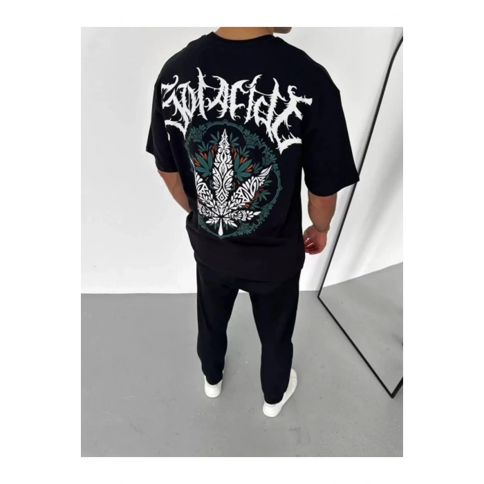 Unisex Bisiklet Yaka Baskılı Oversize T-Shirt - Siyah