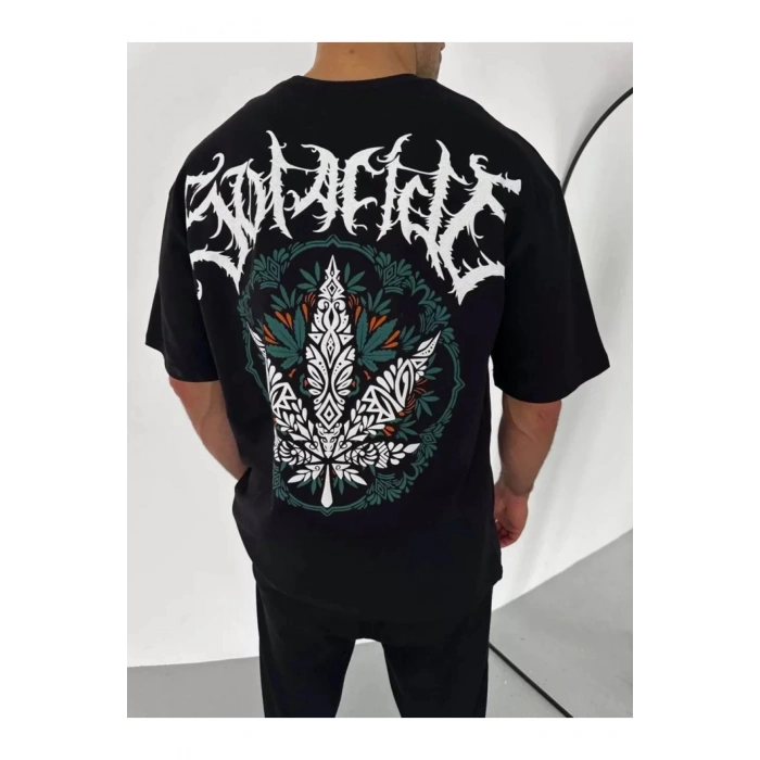 Unisex Bisiklet Yaka Baskılı Oversize T-Shirt - Siyah