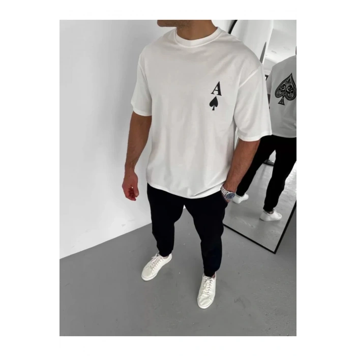 Unisex Bisiklet Yaka Baskılı Oversize T-Shirt - Beyaz