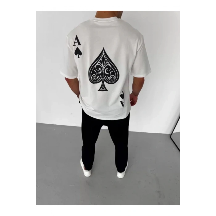 Unisex Bisiklet Yaka Baskılı Oversize T-Shirt - Beyaz