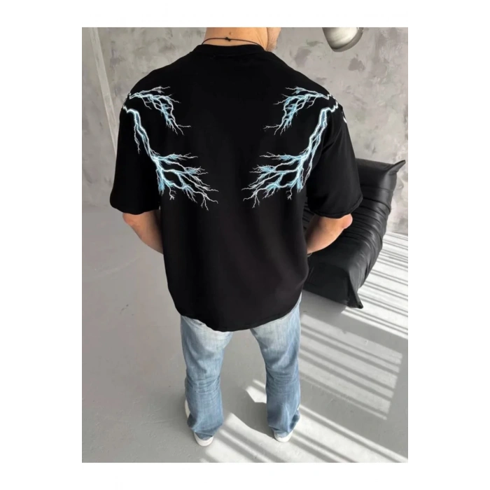 Unisex Bisiklet Yaka Baskılı Oversize T-Shirt - Siyah