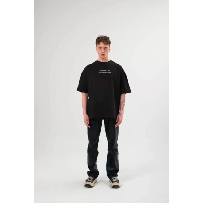 DRGY Unisex Bisiklet Yaka Baskılı Oversize T-Shirt - Siyah