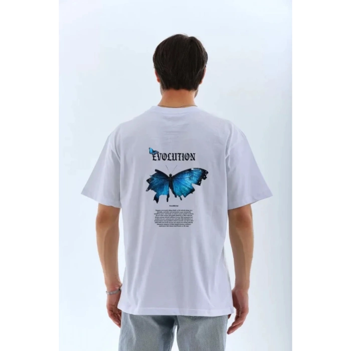 Leyaa Unisex Bisiklet Yaka Baskılı Oversize T-Shirt - Beyaz