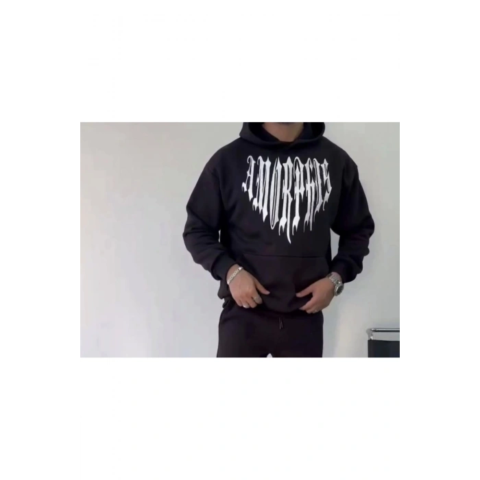 V&M Store Uzun Kol Kapşonlu Baskılı SweatShirt - Siyah