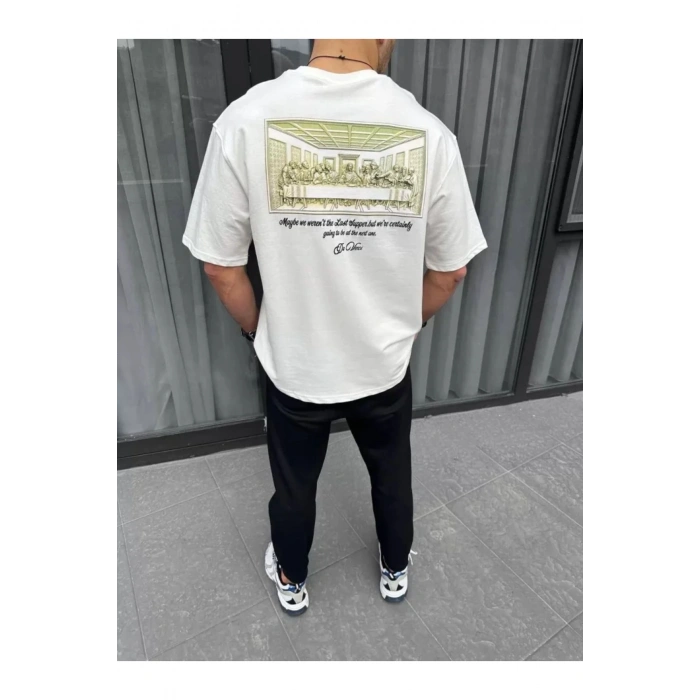 Unisex Baskılı Oversize T-Shirt - Beyaz