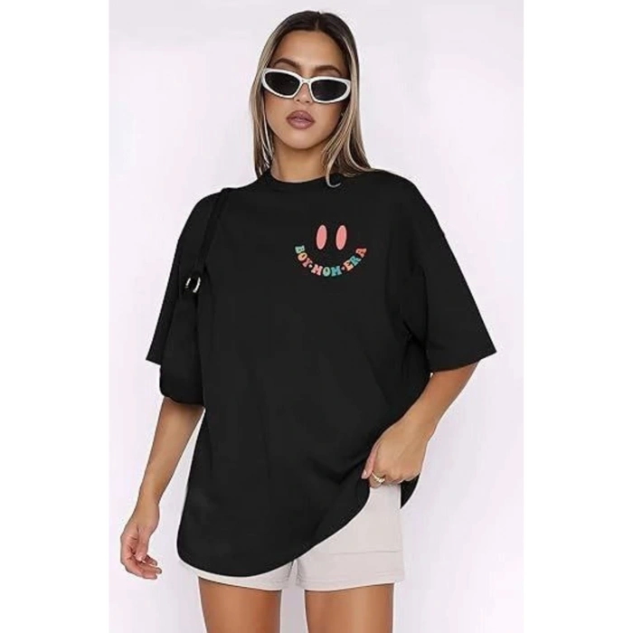 Gökyüzü Moda Bisiklet Yaka Kısa Kol Baskılı T-shirt - Siyah