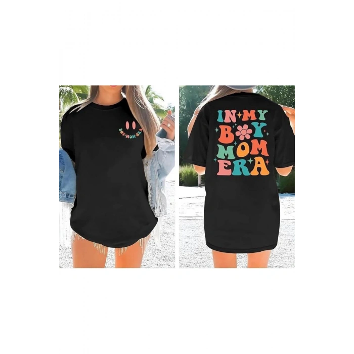 Gökyüzü Moda Bisiklet Yaka Kısa Kol Baskılı T-shirt - Siyah