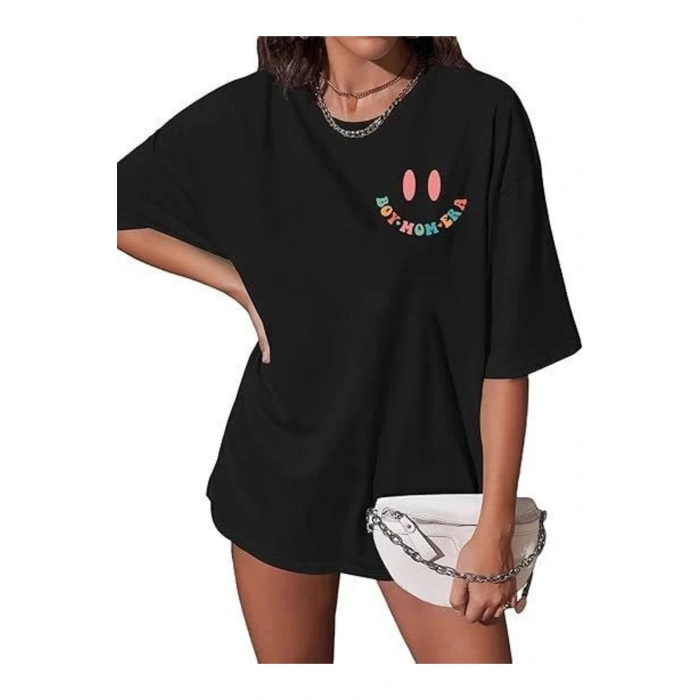 Gökyüzü Moda Bisiklet Yaka Kısa Kol Baskılı T-shirt - Siyah