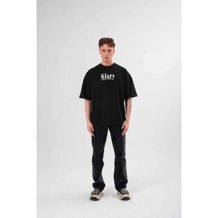Unisex Bisiklet Yaka Baskılı Oversize T-Shirt - Siyah