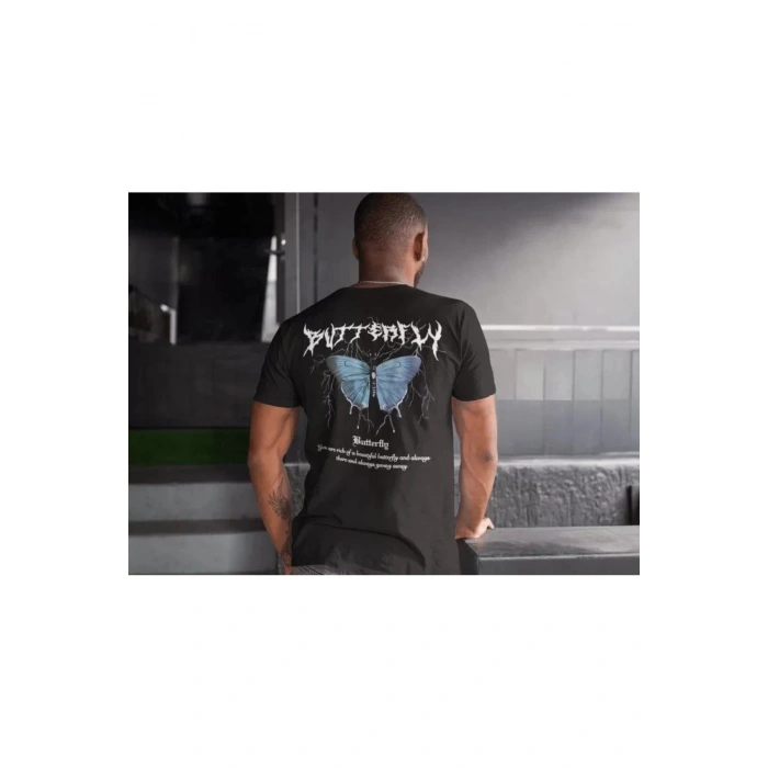 Erkek Bisiklet Yaka Baskılı Oversize T-Shirt - Siyah