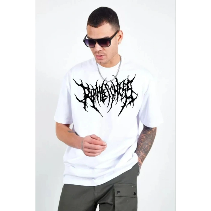 Gökyüzü Moda Unisex Bisiklet Yaka Baskılı Oversize T-Shirt - Beyaz