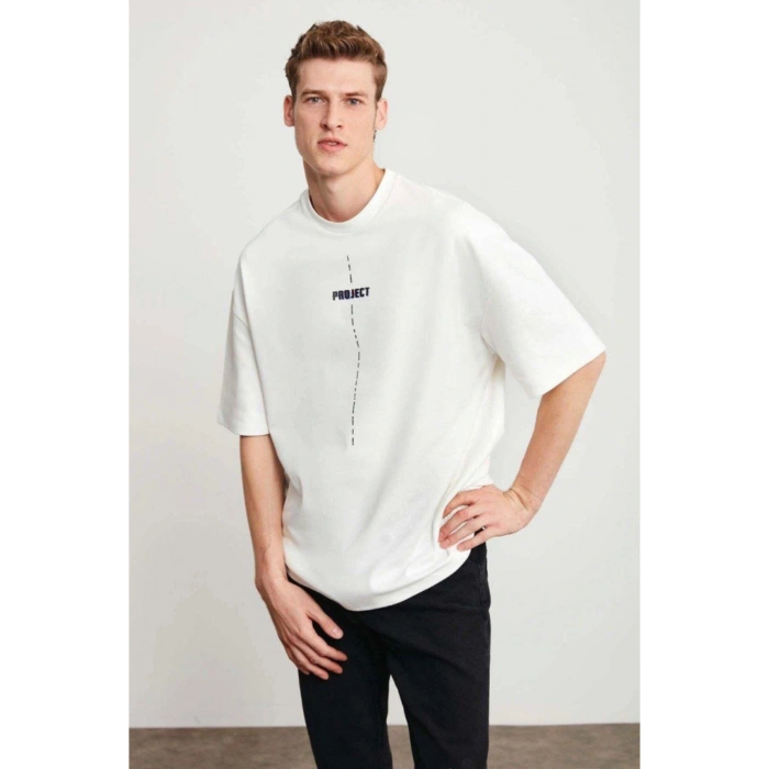 Gökyüzü Moda Unisex Baskılı Oversize T-Shirt - Beyaz