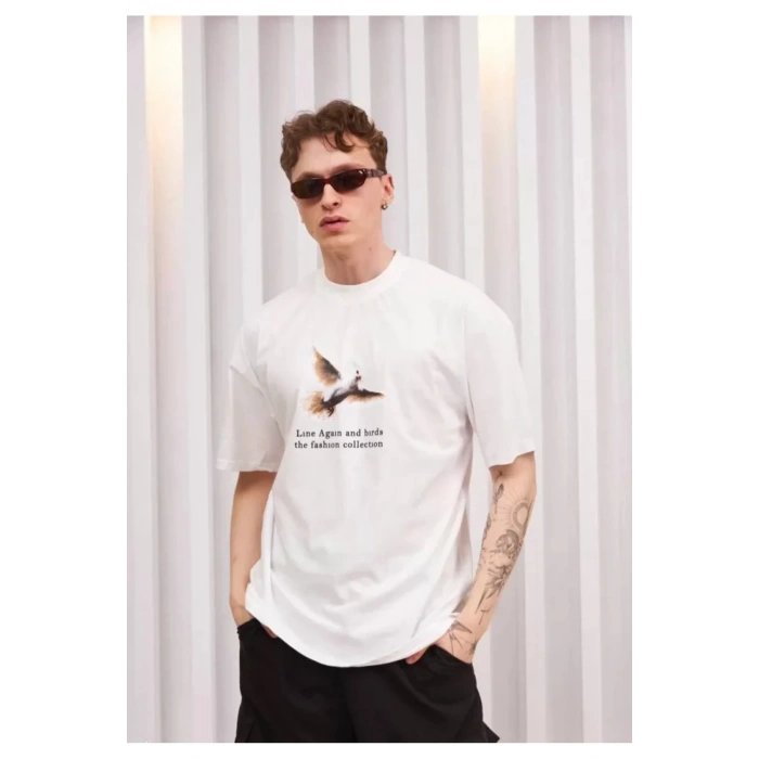 AhEs Shopping Unisex Bisiklet Yaka Baskılı Oversize T-Shirt - Siyah