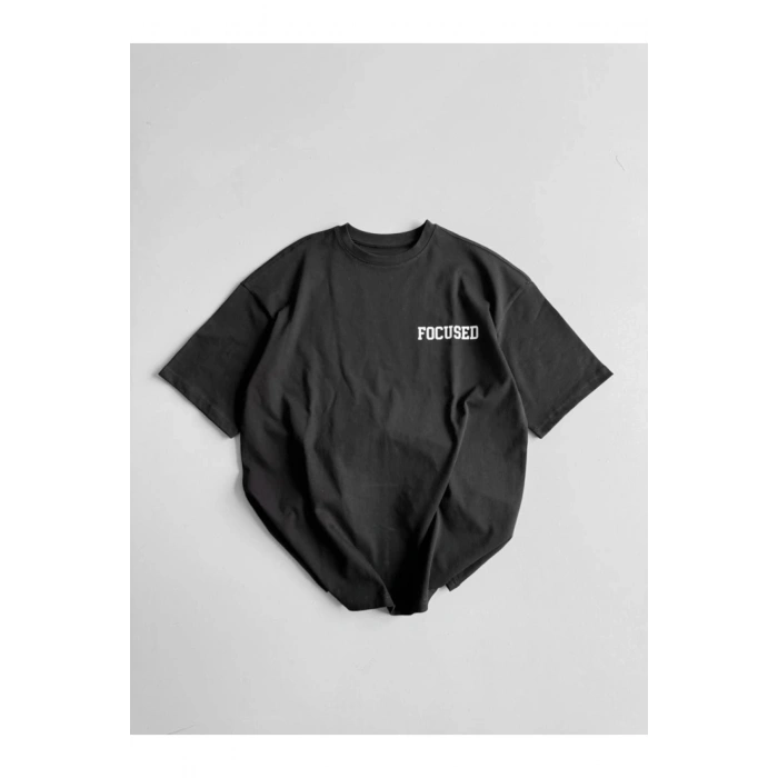 Baskılı Oversize Bisiklet Yaka T-shirt - Siyah