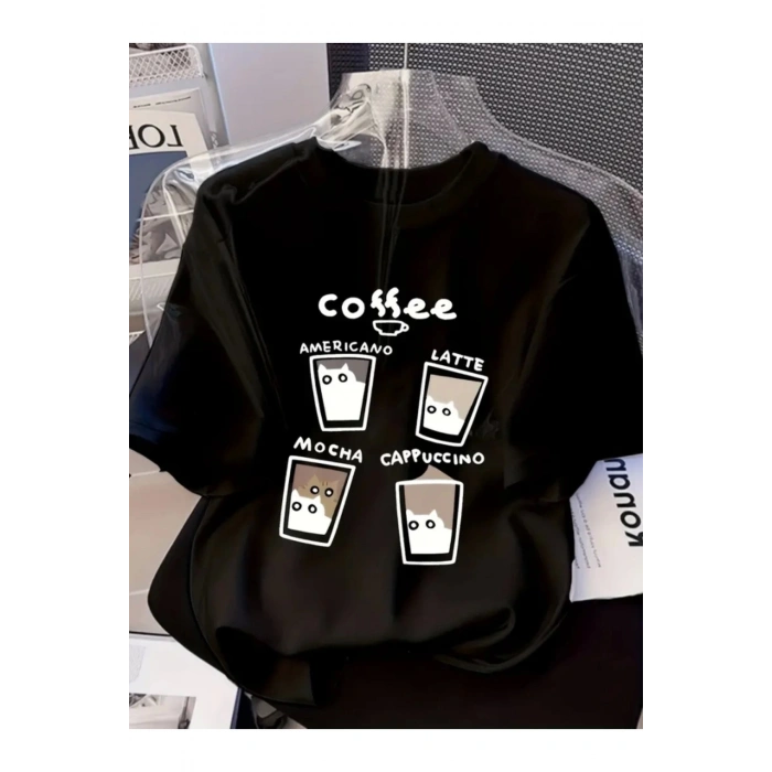 munn collection Baskılı Oversize Bisiklet Yaka T-shirt - Siyah