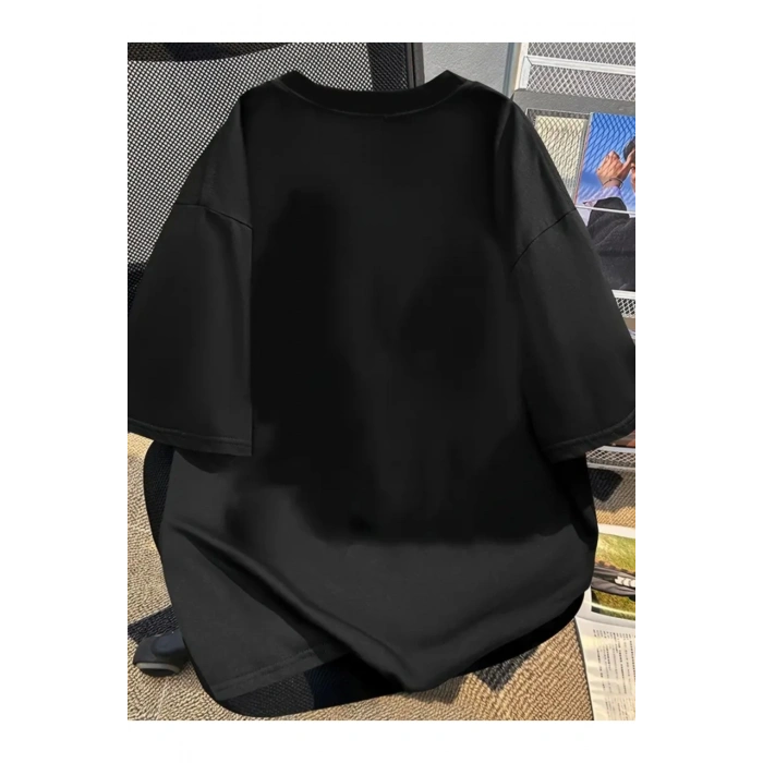munn collection Baskılı Oversize Bisiklet Yaka T-shirt - Siyah
