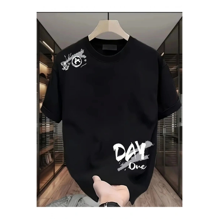 Baskılı Oversize Bisiklet Yaka T-shirt - Siyah