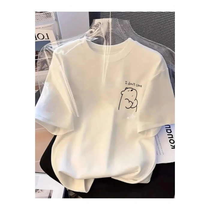 Baskılı Oversize Bisiklet Yaka T-shirt - Beyaz