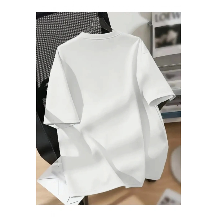 Baskılı Oversize Bisiklet Yaka T-shirt - Beyaz