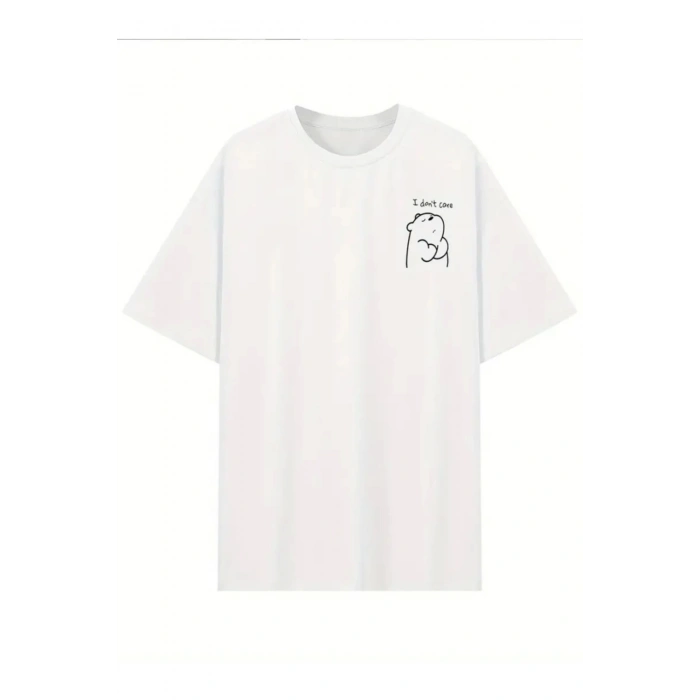 Baskılı Oversize Bisiklet Yaka T-shirt - Beyaz