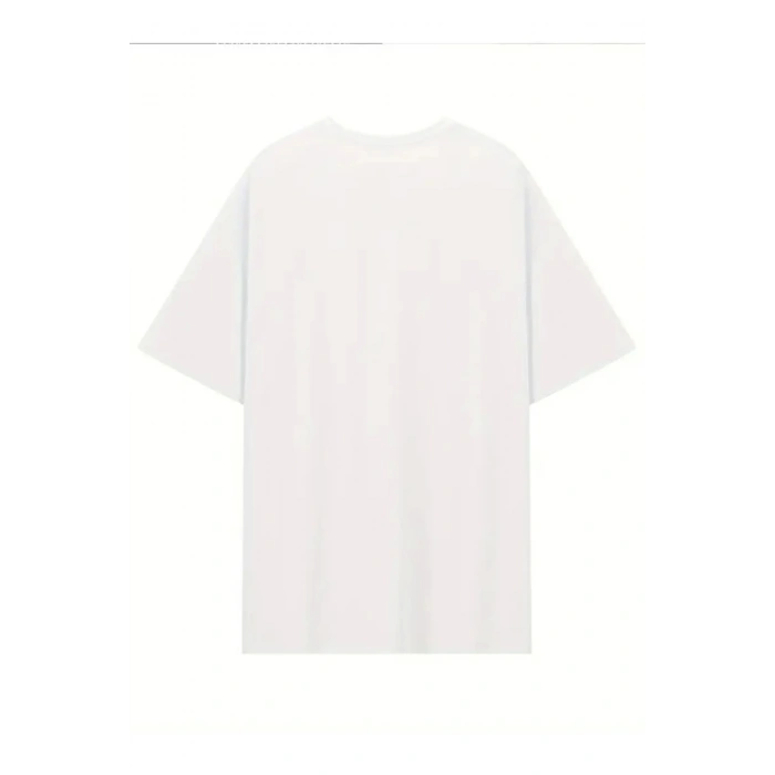 Baskılı Oversize Bisiklet Yaka T-shirt - Beyaz