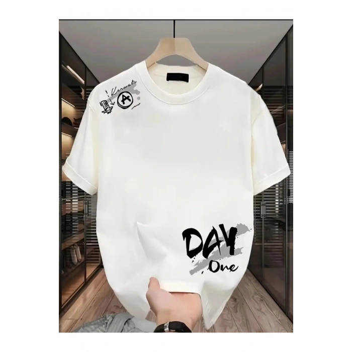 Baskılı Oversize Bisiklet Yaka T-shirt - Beyaz