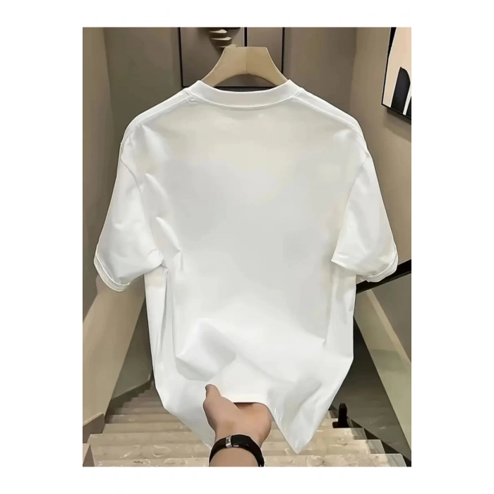 Baskılı Oversize Bisiklet Yaka T-shirt - Beyaz